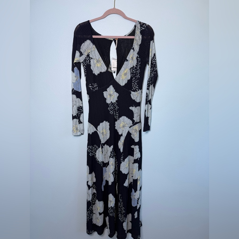 Free People Dark Blue Floral Long Sleeve Maxi Dress with Pale Blooms